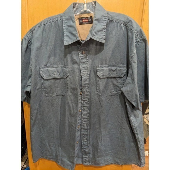 Wrangler button down Large Country Work Short Sleeve blue 100% cotton - Picture 2 of 4